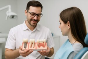 Photo of a dentist showing a patient models of different teeth replacement options: a dental implant, a bridge, and a partial denture. No text on the image.