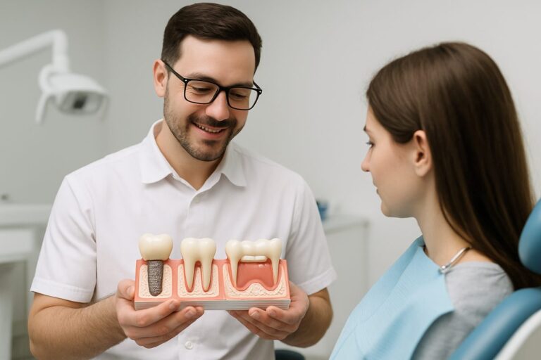 Photo of a dentist showing a patient models of different teeth replacement options: a dental implant, a bridge, and a partial denture. No text on the image.