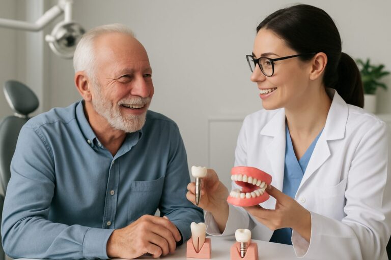 A smiling senior man is talking with a dentist about options for affordable teeth replacement, such as dentures, bridges, and implants. No text on image.