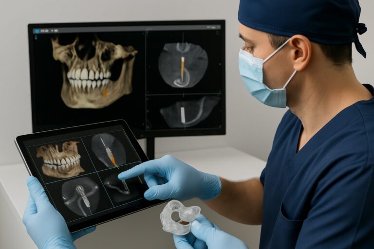 Image of a dentist using digital technology such as a tablet, CBCT scan, and surgical guide to plan a dental implant placement. The image should show the precision and modern techniques used in the procedure. No text on the image.