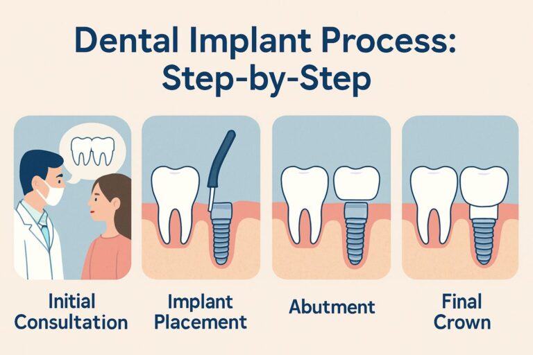 A digital illustration depicting the dental implant process step-by-step, from initial consultation and implant placement to abutment and final crown placement. Include text on the image that says "Dental Implant Process: Step-by-Step".