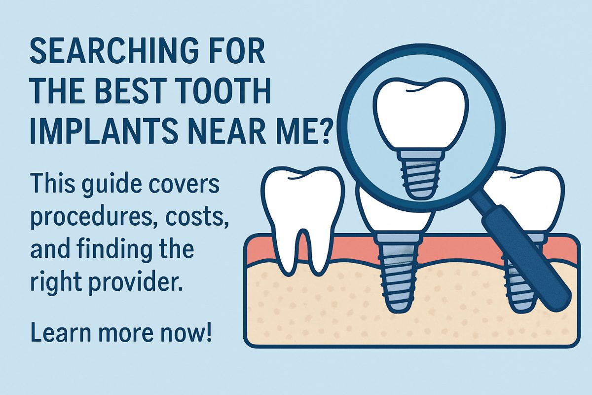 A close-up photo showcasing a dentist consulting with a patient about tooth implant options, using a digital display to show a 3D model of the patient's jaw with implants. The text "Considering Dental Implants?" is overlaid on the image.