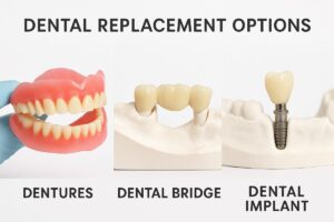 Photo showcasing three side-by-side images of dental replacement options: dentures, a dental bridge, and a dental implant. The text on the image says "Dental Replacement Options".