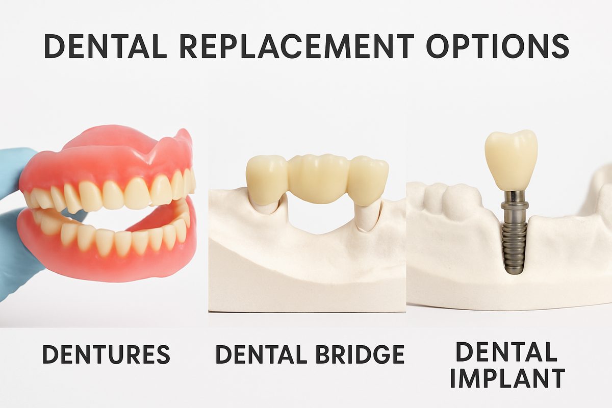 Photo showcasing three side-by-side images of dental replacement options: dentures, a dental bridge, and a dental implant. The text on the image says "Dental Replacement Options".