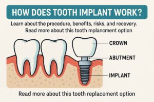 An animated diagram showing the step-by-step process of a dental implant, starting with the placement of the titanium implant into the jawbone, followed by the attachment of the abutment, and ending with the placement of the crown. No text on image.