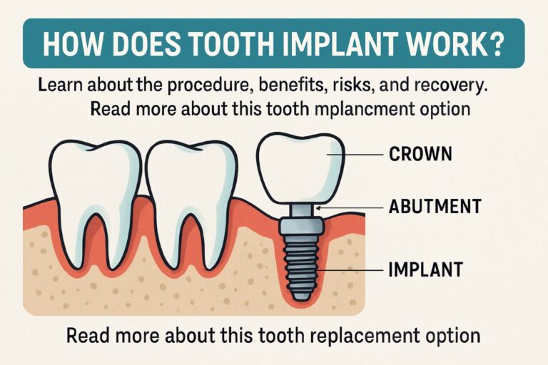An animated diagram showing the step-by-step process of a dental implant, starting with the placement of the titanium implant into the jawbone, followed by the attachment of the abutment, and ending with the placement of the crown. No text on image.