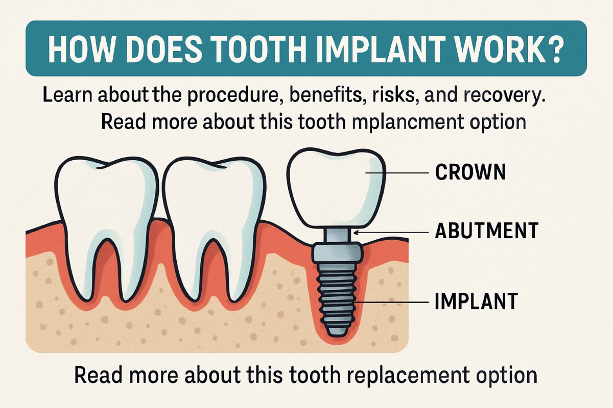 An animated diagram showing the step-by-step process of a dental implant, starting with the placement of the titanium implant into the jawbone, followed by the attachment of the abutment, and ending with the placement of the crown. No text on image.