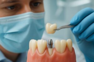 A close-up shot of a dental professional carefully placing a custom-made crown onto a dental implant, highlighting the natural color and shape that blends seamlessly with the surrounding teeth. The background is a modern dental office setting, emphasizing the aesthetic focus of the "appearance implant". No text on the image.