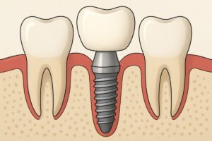 Close-up animated diagram of a single tooth dental implant showcasing the three main components: the titanium implant inside the jawbone, the abutment connecting the implant, and the custom-made crown that replaces the visible tooth. No text on the image.