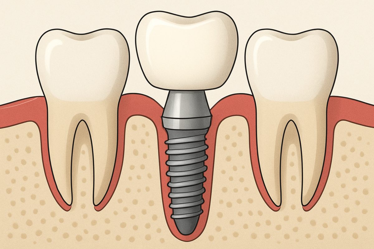 Close-up animated diagram of a single tooth dental implant showcasing the three main components: the titanium implant inside the jawbone, the abutment connecting the implant, and the custom-made crown that replaces the visible tooth. No text on the image.
