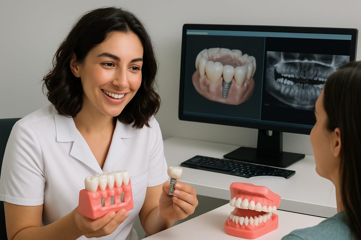 Image of a dentist explaining various dental surgical options to a patient, using models and digital scans to illustrate the procedures, with a friendly and reassuring demeanor. No text on image.