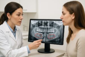 A dentist is pointing to a jaw x-ray with areas marked for a bone graft, while consulting with a patient about dental implants. No text on image.