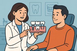 An illustration of a dentist showing a patient models of three different tooth replacement options: a dental implant, a bridge, and a partial denture. No text on the image.