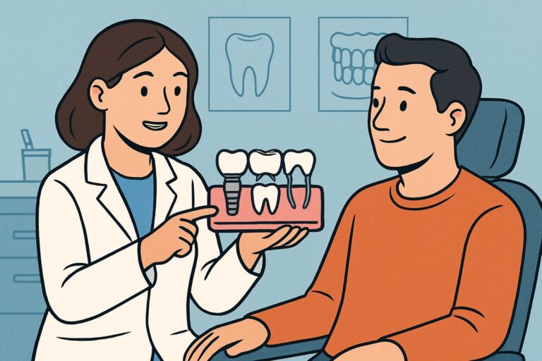 An illustration of a dentist showing a patient models of three different tooth replacement options: a dental implant, a bridge, and a partial denture. No text on the image.