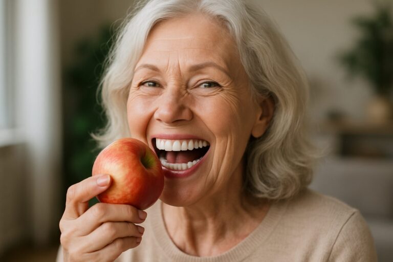 Photo of a smiling senior woman with a full set of gleaming white teeth, post complete teeth replacement procedure, confidently eating an apple. No text on image.