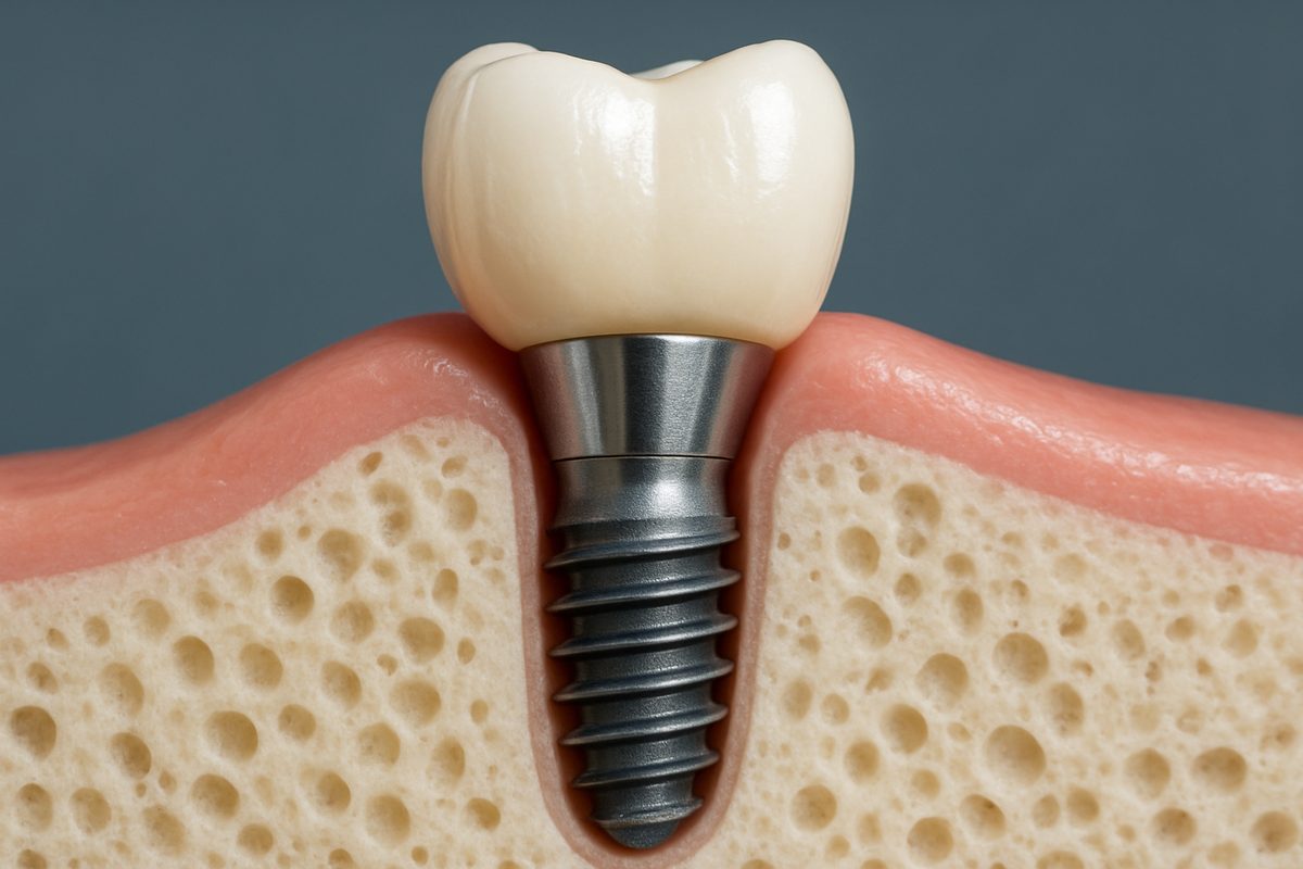 Photo of a dental implant, showing the screw implanted into the jaw bone, the abutment, and the false porcelain tooth on top. No text on the image.