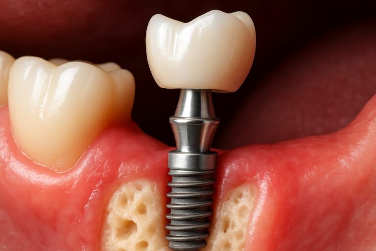 A close-up shot of a dental implant being placed into a patient's jawbone, showcasing the three main components: the titanium implant, the abutment, and the crown. No text on image.