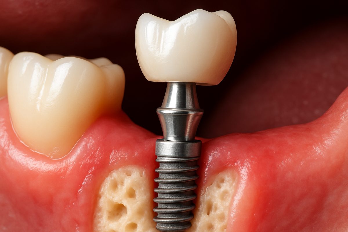 A close-up shot of a dental implant being placed into a patient's jawbone, showcasing the three main components: the titanium implant, the abutment, and the crown. No text on image.