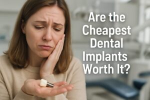 Photo of a person sadly holding a broken dental implant in their hand. The background is a blurred image of a dental clinic. Text on the image says "Are the Cheapest Dental Implants Worth It?"