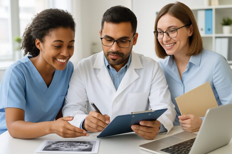 Image of a diverse group of dental professionals, including a dentist, dental assistant, and office manager, collaboratively reviewing a patient's chart and dental records at a brightly lit office desk.