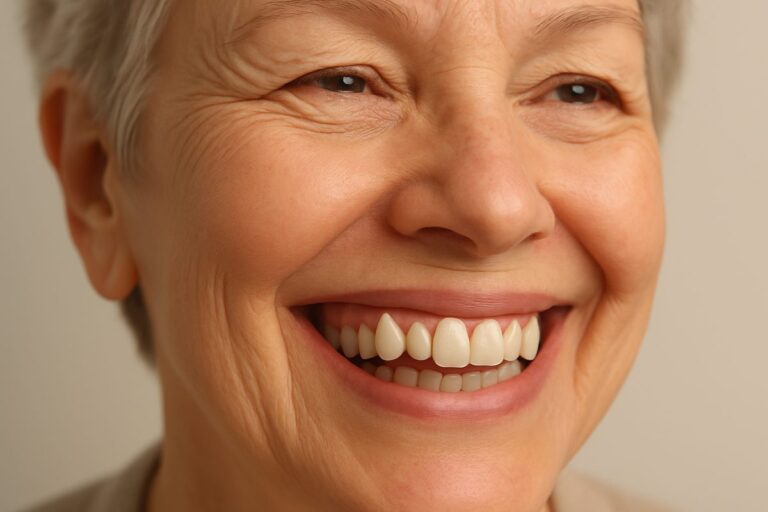 A close-up of a patient smiling, showcasing a well-fitted dental implants partial that blends seamlessly with their natural teeth. The image should emphasize the natural look and stability of the restoration, and the patients happiness. No text on image.