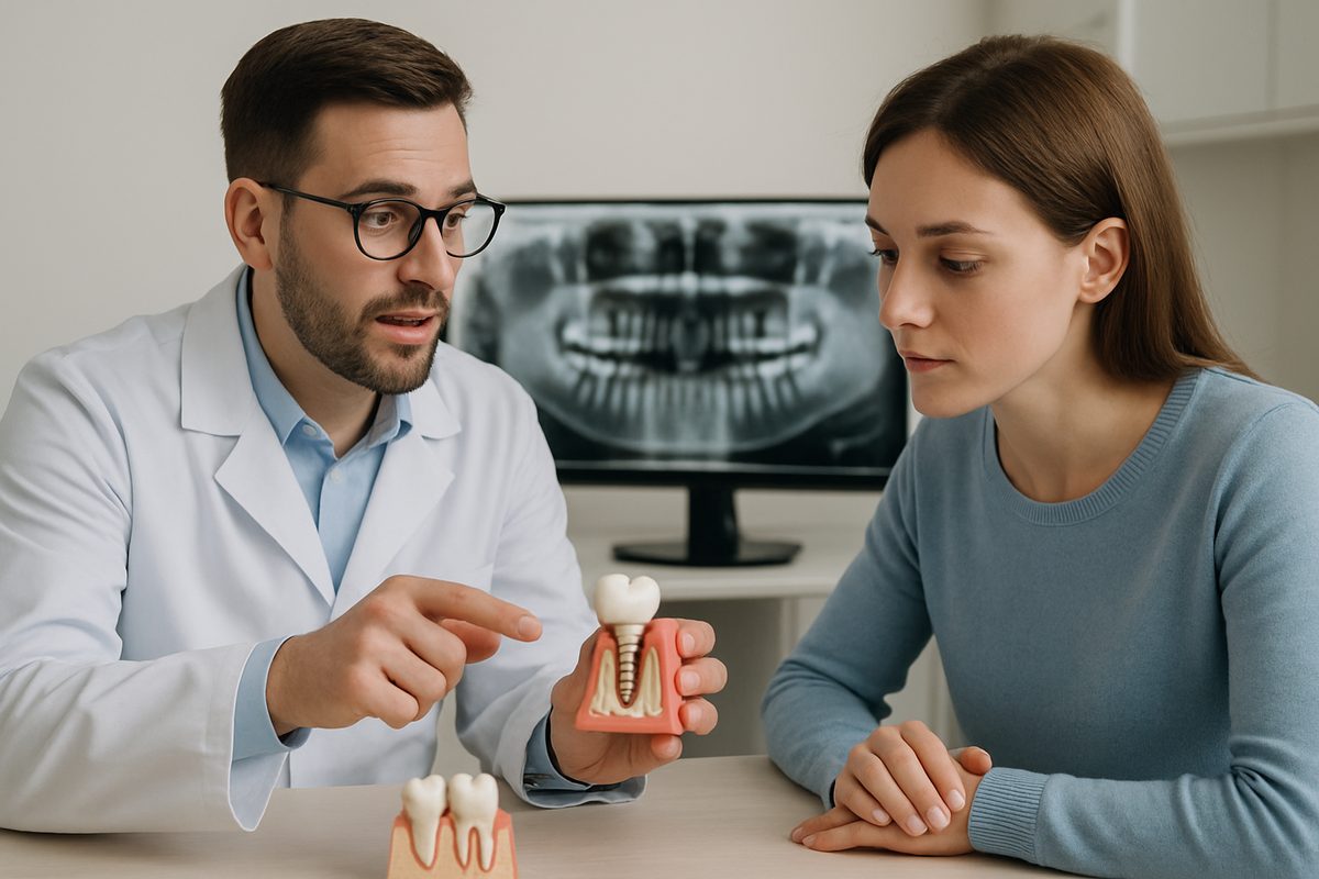 A dentist is explaining the tooth implant procedure and different implant options to a patient, using models and X-rays for demonstration.