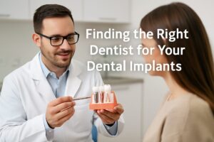 A dentist is consulting with a patient about dental implant options, using a model of a jaw with implants to illustrate the procedure. The text overlay says "Finding the Right Dentist for Your Dental Implants".
