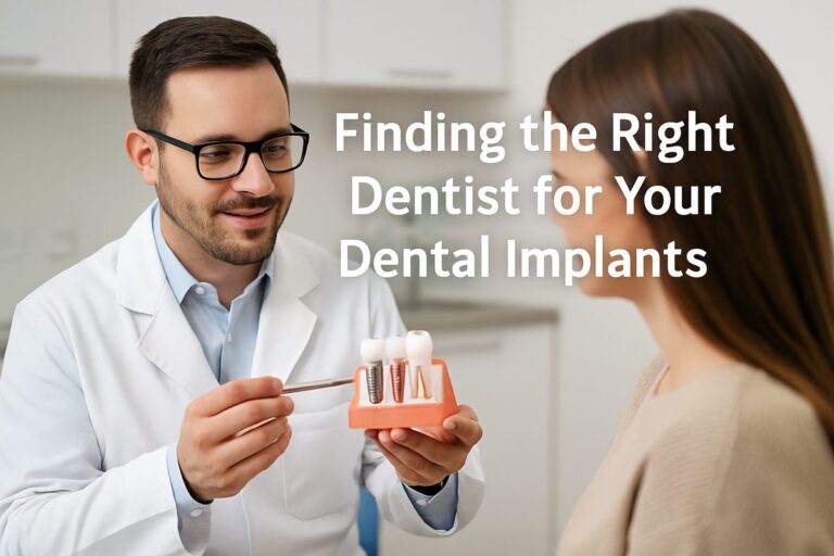 A dentist is consulting with a patient about dental implant options, using a model of a jaw with implants to illustrate the procedure. The text overlay says "Finding the Right Dentist for Your Dental Implants".