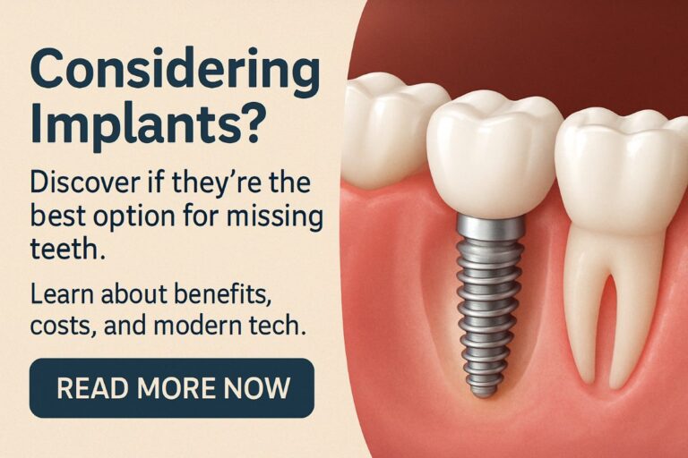 Close-up of a mouth being examined by a dentist, pointing to a gap where a tooth is missing, with an implant being held by surgical instruments ready to be placed. No text on the image.