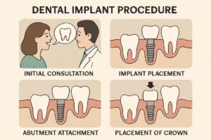 A step-by-step diagram illustrating the dental implant procedure, from initial consultation and implant placement to abutment attachment and final crown placement.