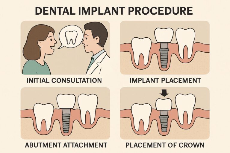 A step-by-step diagram illustrating the dental implant procedure, from initial consultation and implant placement to abutment attachment and final crown placement.