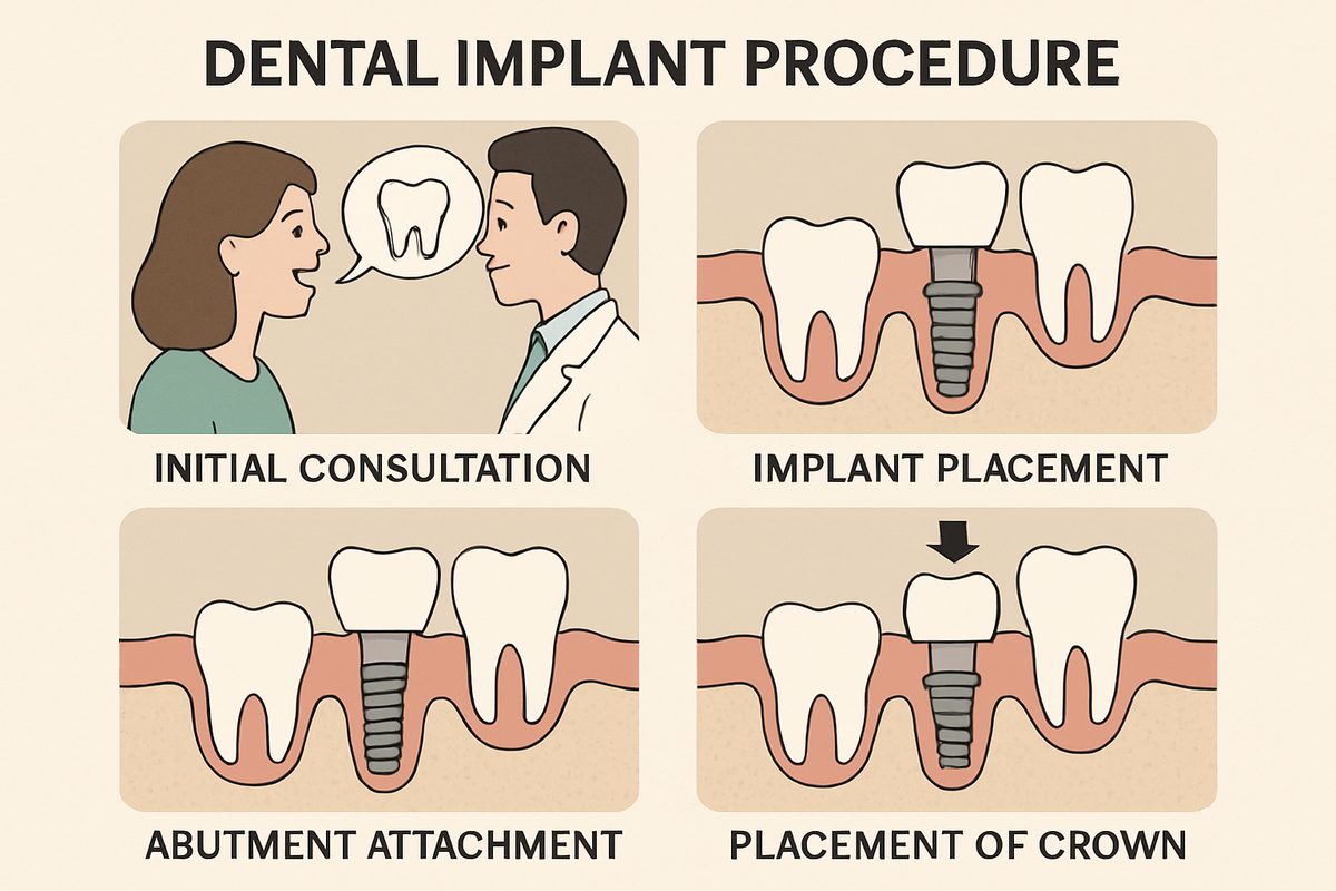 A step-by-step diagram illustrating the dental implant procedure, from initial consultation and implant placement to abutment attachment and final crown placement.