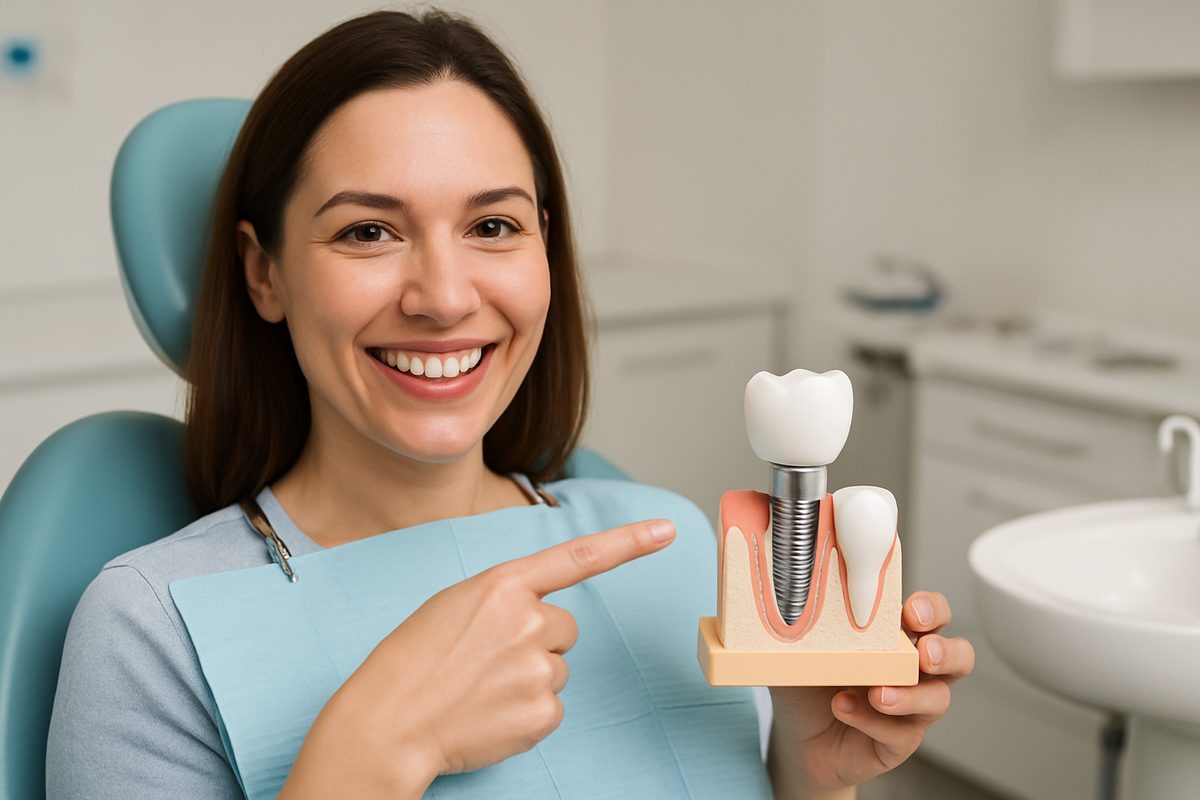 Image of a smiling woman in a dentist chair, confidently pointing to a dental implant model, showcasing the three main parts: the implant, abutment, and crown. No text on the image.