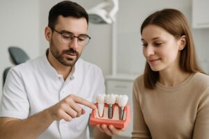 Photo of a dentist consulting with a patient, pointing to a 3D model of dental implants and the patient's jaw. No text on the image.