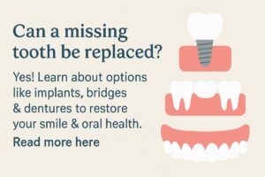 Illustration showing dental implants, bridges, and dentures with a message: “Can a missing tooth be replaced? Yes. Learn about options to restore your smile and oral health. Read more here.