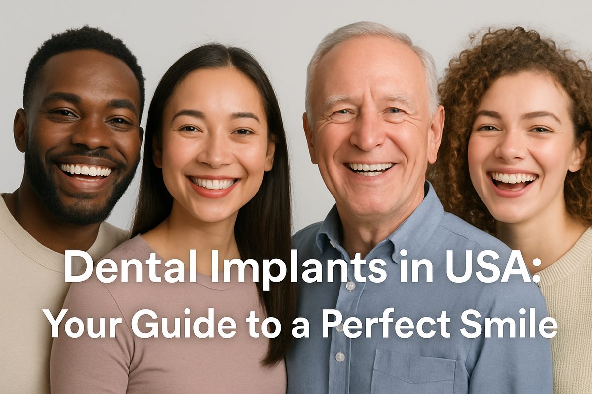 A diverse group of people smiling, showcasing various dental implant solutions. "Dental Implants in USA: Your Guide to a Perfect Smile" text overlay.