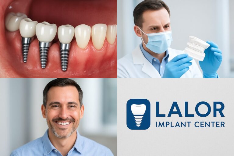 A collage featuring four square images: a close-up of dental implants in a patient's mouth, a dentist examining a 3D model of teeth, a patient smiling confidently, and the Lalor Implant Center logo. No text on image.