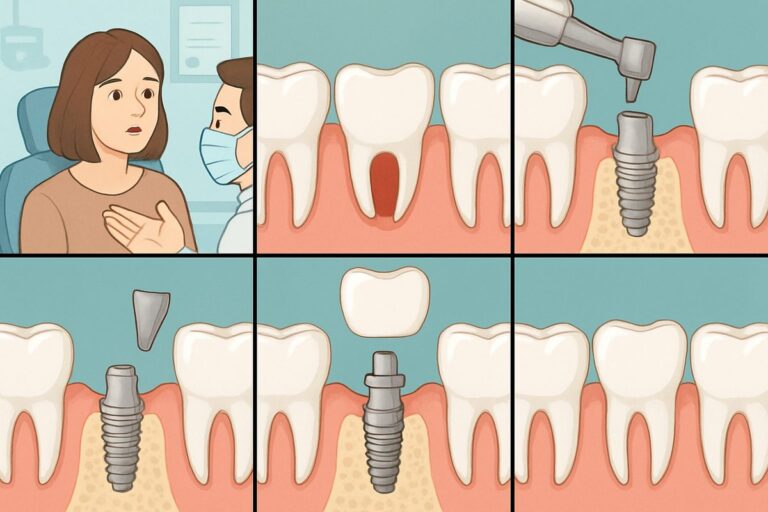 An animated image showing the step-by-step procedure for a dental implant, from initial consultation to final restoration. No text on the image.