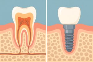 An infographic comparing a natural tooth and a dental implant, highlighting the different parts of each. No text.