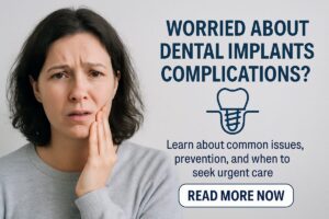 Photo depicting a dentist examining a patient's dental implant with an X-ray, highlighting potential complications such as inflammation and bone loss. No text on image.