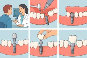 An infographic showcasing the step-by-step implant procedure steps with clear visuals and concise descriptions, from initial consultation to final restoration. No text on image.