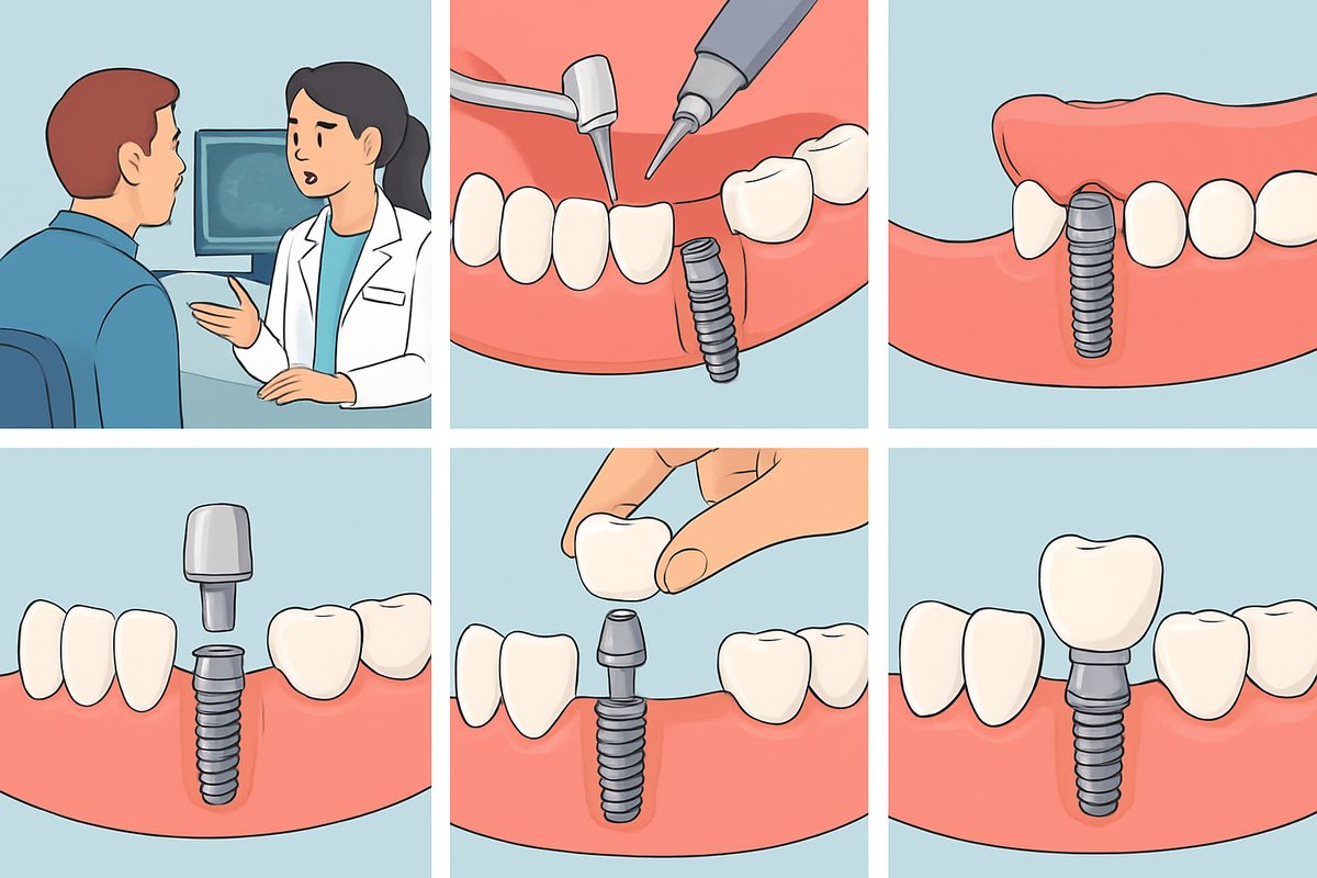 An infographic showcasing the step-by-step implant procedure steps with clear visuals and concise descriptions, from initial consultation to final restoration. No text on image.