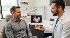 Patient consultation for dental implants in a modern clinic setting