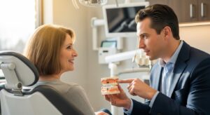 Prosthodontist consultation for dental implants in a modern dental clinic