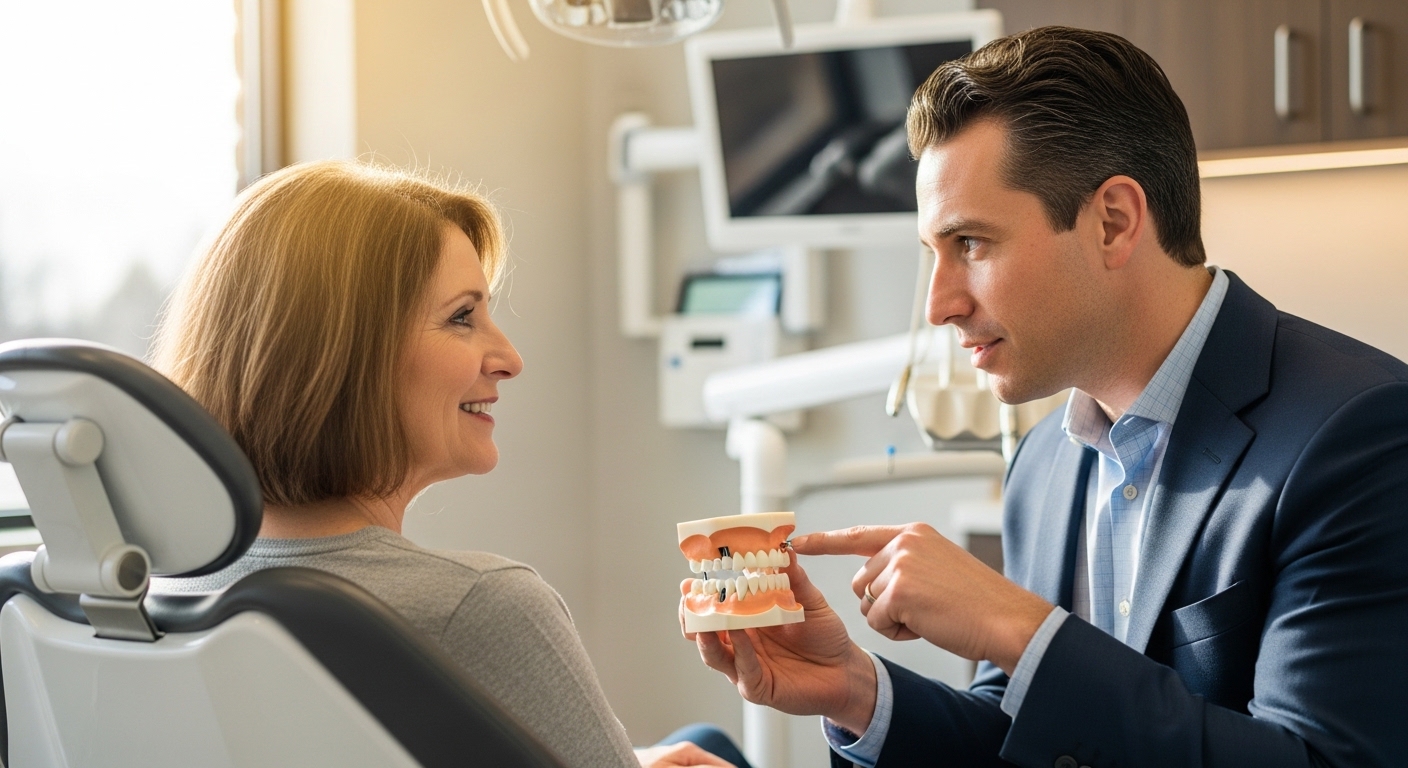 Prosthodontist consultation for dental implants in a modern dental clinic