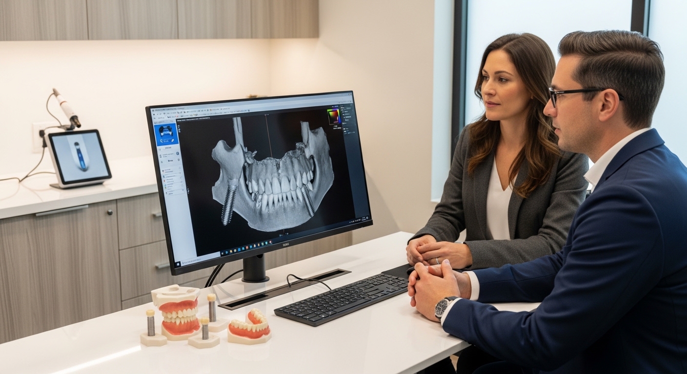 Patient consultation about implant supported dentures in a modern dental office