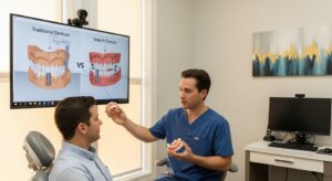 Patient consulting with a dentist about snap-in and traditional dentures