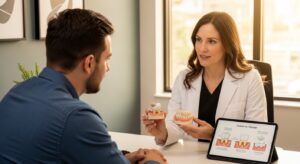 Patient consultation about the difference between crowns and veneers