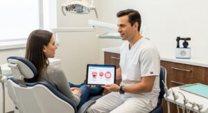 Patient consulting with dentist about bad breath treatment in modern office