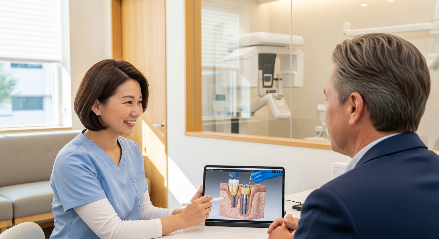 Dr. Lee consulting with a patient about dental implants in a modern clinic
